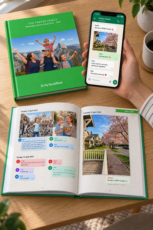 A hand holding a phone with a WhatsApp chat above the printed book of the same chat